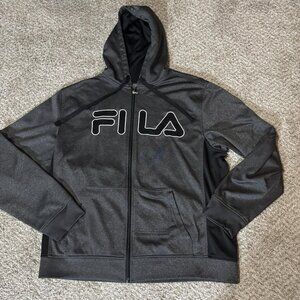 FILA Hoodie Mens Large Gray Black Full Zip Spell Out Logo Athletic Sweatshirt